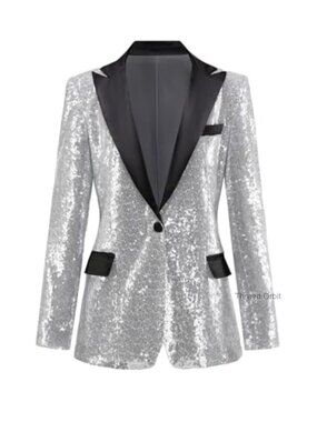 Sequin Blazer Suit Jacket Prom Party Notch Lapel Long Sleeve Open Front Women